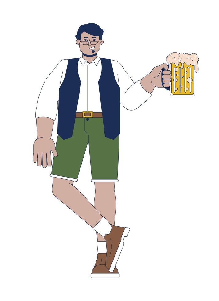Positive arab male with beer mug 2D cartoon character. Middle eastern male in german clothes on oktoberfest holiday isolated person flat on white background. Spot illustration colorful vector