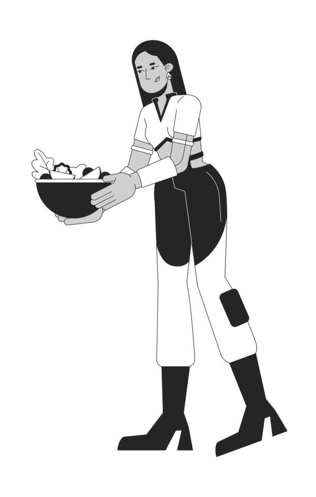 Futuristic woman holding salad bowl black and white 2D line character. Middle eastern female serving meal healthy food isolated outline person. Vegan lunch. Monochromatic spot illustration vector