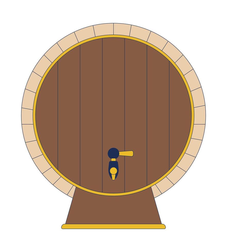 Huge wooden barrel with tap and stillage 2D cartoon object. Liquor products tank. Alcohol drinks containing cask isolated element flat clipart on white background. Spot illustration vector