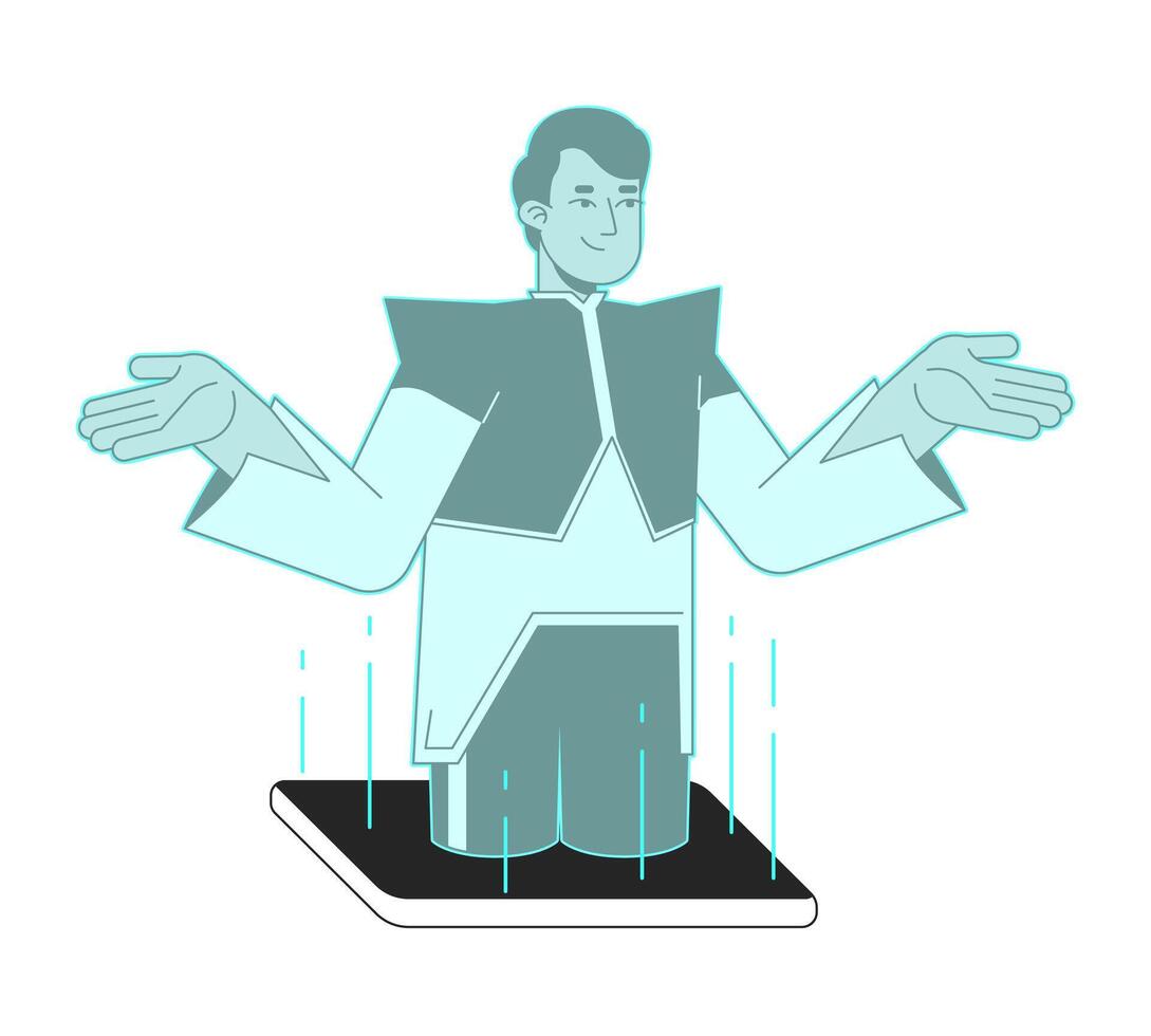 Futuristic hologram man out of phone screen black and white 2D line character. Augmented reality cellphone. Indian guy holographic human isolated outline person. Monochromatic spot illustration vector