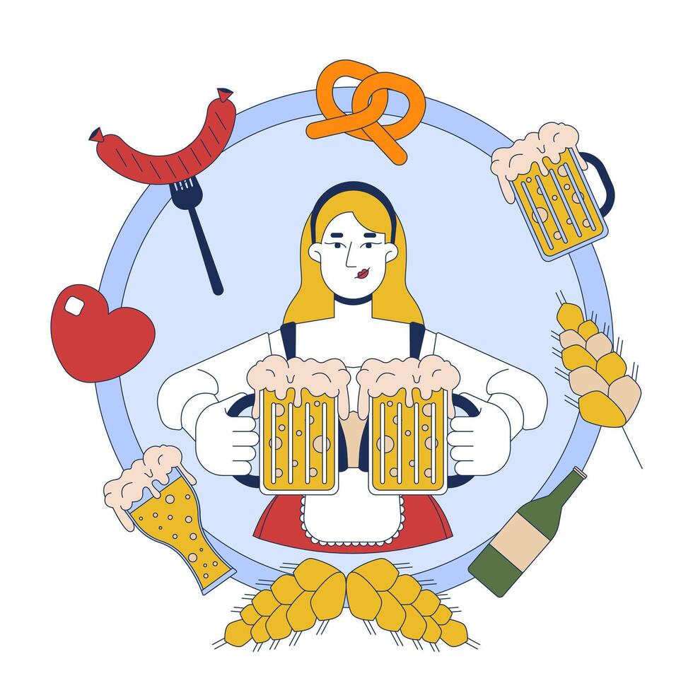 Blonde german waitress with beer mugs in frame 2D illustration concept. Caucasian woman at oktoberfest cartoon character isolated on white. Cultural event metaphor abstract flat graphic vector