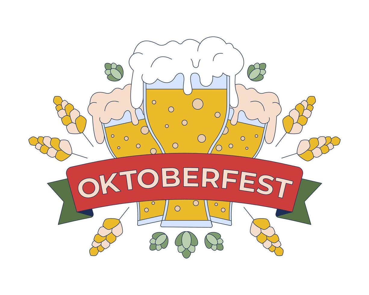 Frothy beer glasses with barley and hops for oktoberfest 2D illustration concept. Traditional alcohol feast logo cartoon objects isolated on white. Holiday metaphor abstract flat graphic vector