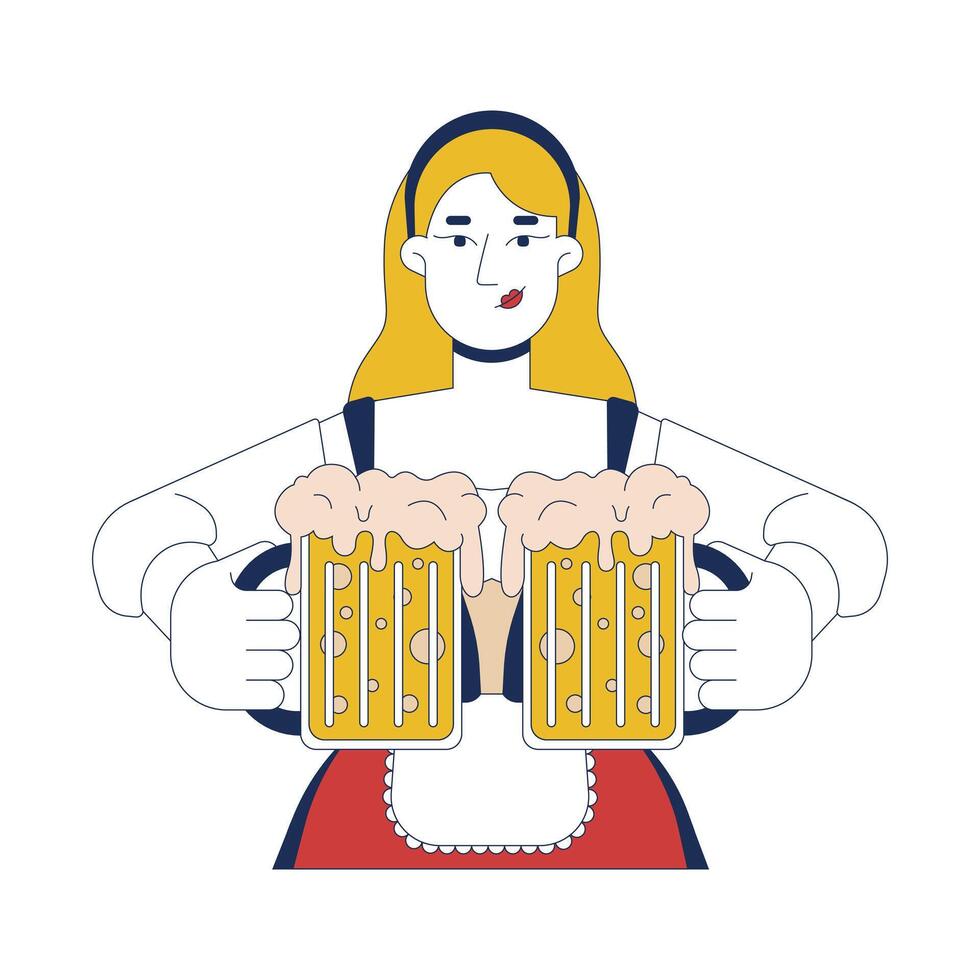 European woman holding frothy craft beer mugs 2D cartoon character. Oktoberfest holiday caucasian waitress in dirndl isolated person flat on white background. Spot illustration colorful vector