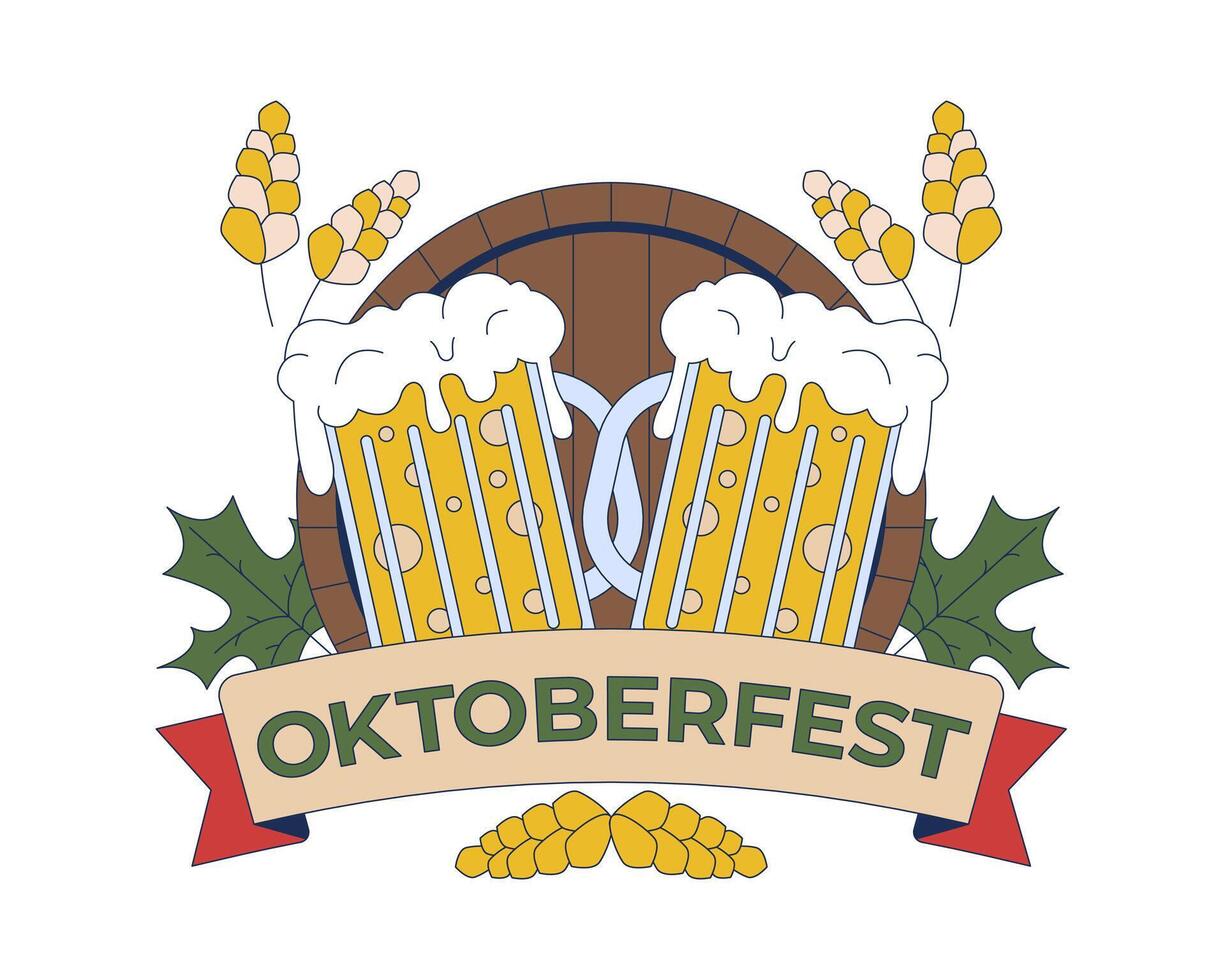 Oktoberfest logo with beer mugs 2D illustration concept. Traditional bavarian beer holiday invitation cartoon objects isolated on white. Brewery label metaphor abstract flat graphic vector