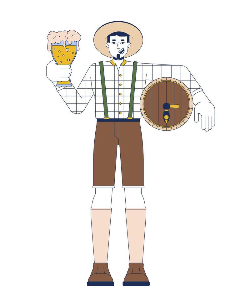 Happy caucasian man with beer cartoon flat illustration. Oktoberfest party european male guest 2D character isolated on white background. Traditional bavarian feast scene color image vector