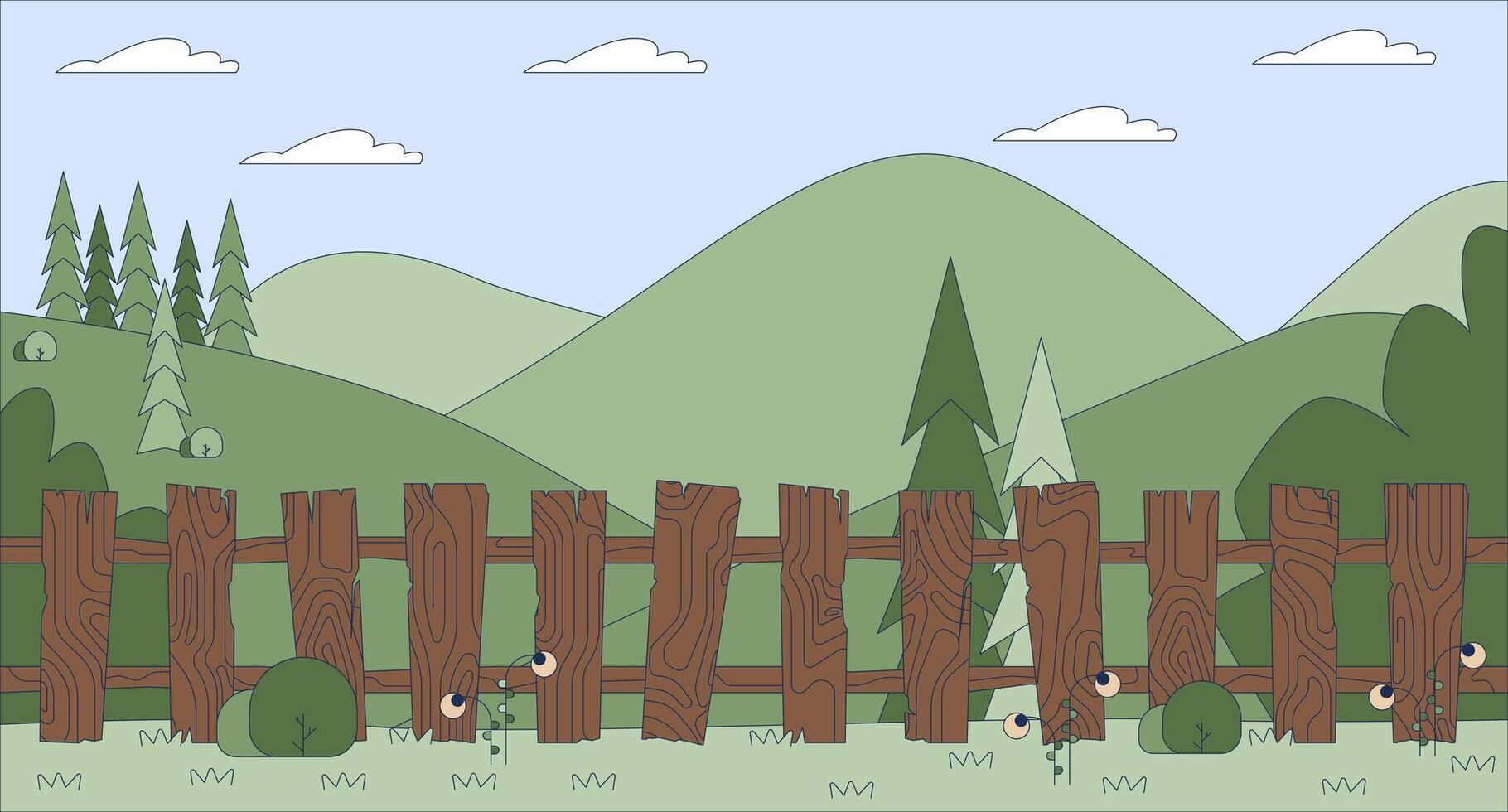 Wooden fence on field at picturesque highland flat illustration. Old board farmland barrier against green hills 2D landscape cartoon background. Rural site summer nature scene image vector