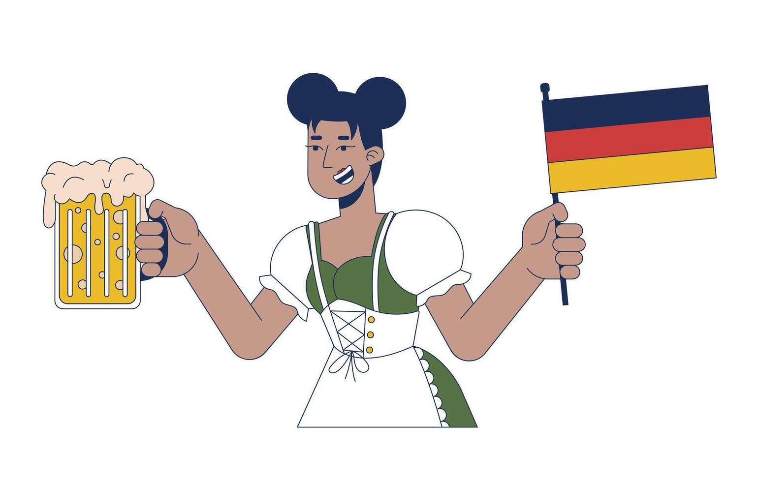 African american waitress holding beer and flag of germany 2D cartoon character. Black female in dirndl at oktoberfest isolated person flat on white background. Spot illustration colorful vector