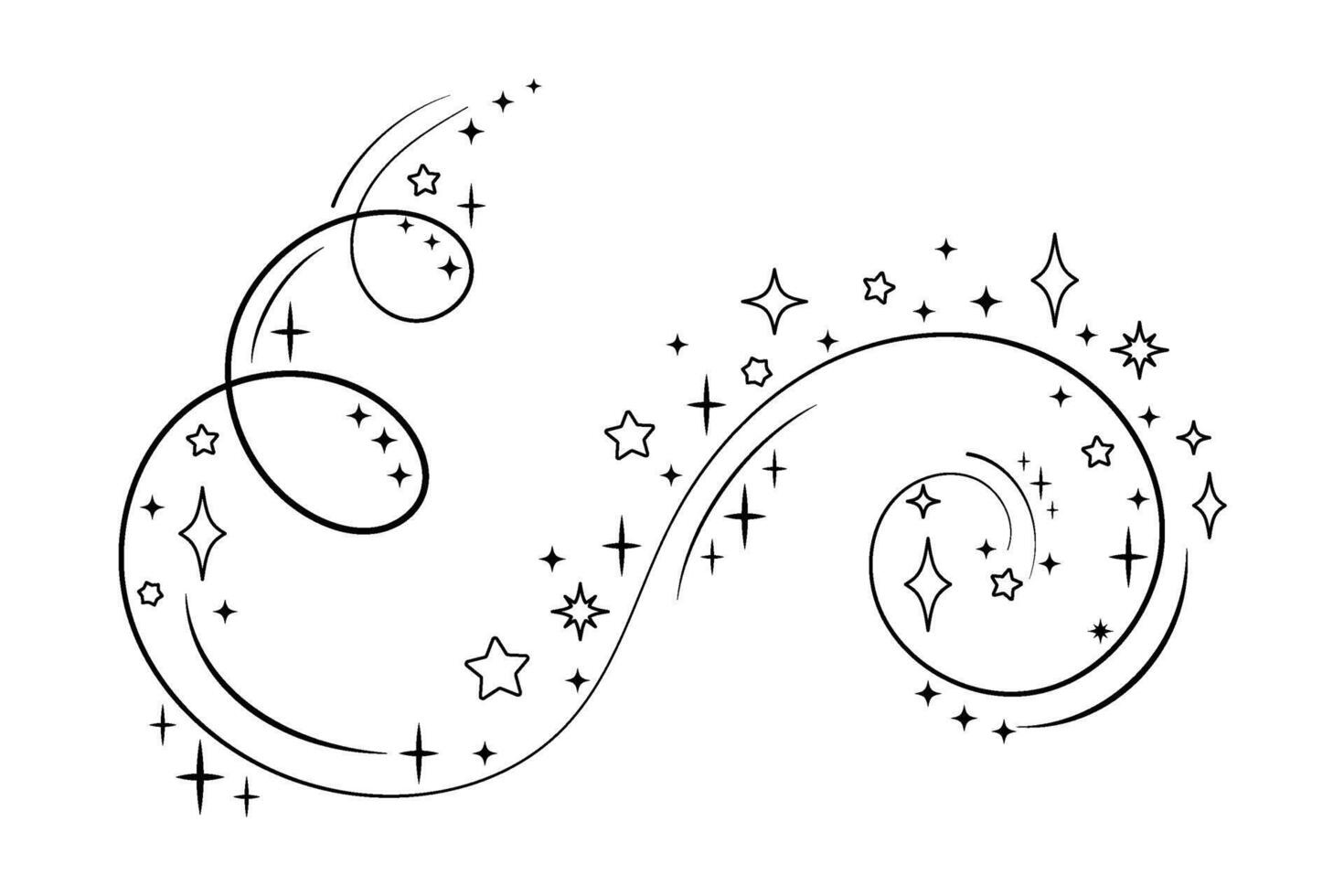 Wind lines, magic spell.Magic wand. Swirling movement of fairy dust. Stars, sparks, fairy sorcery. The symbol of a miracle vector
