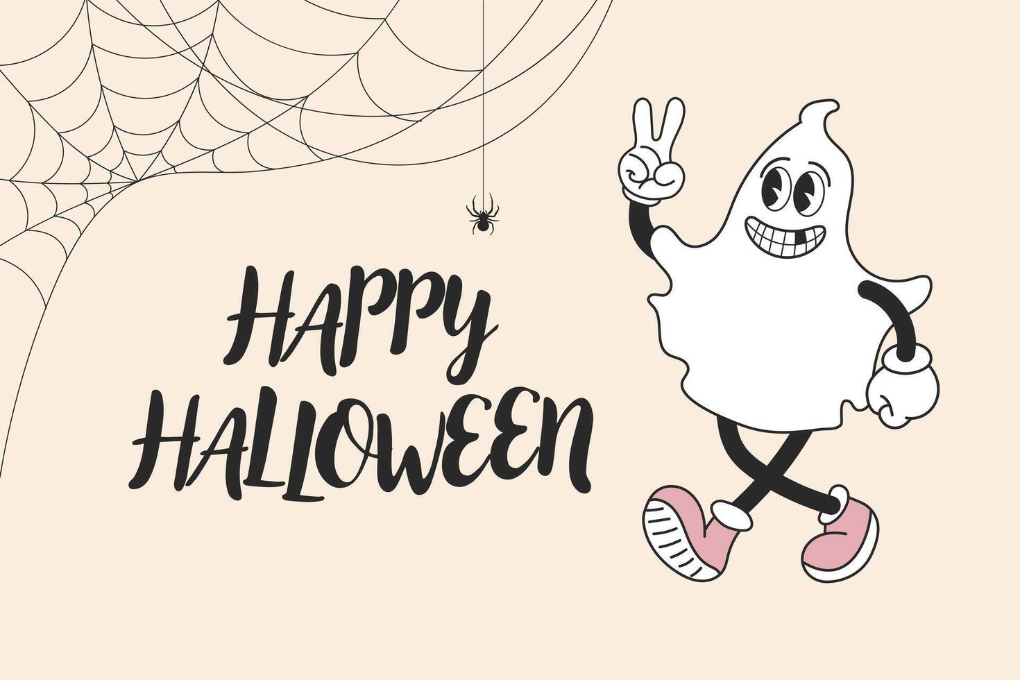Calligraphy lettering Happy Halloween with cute ghost character and spider web. Retro illustration, postcard vector