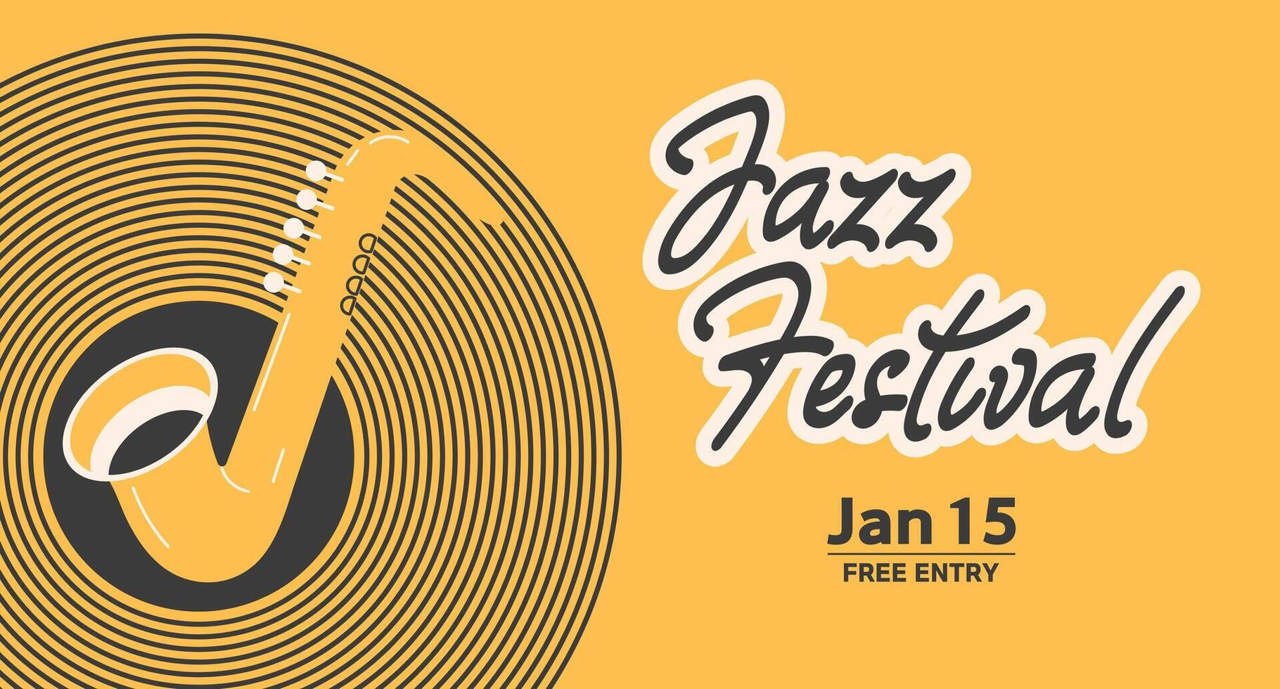 Jazz poster background template for music festival. Saxophone, record and lettering, event flyer design. Vintage retro style illustration vector
