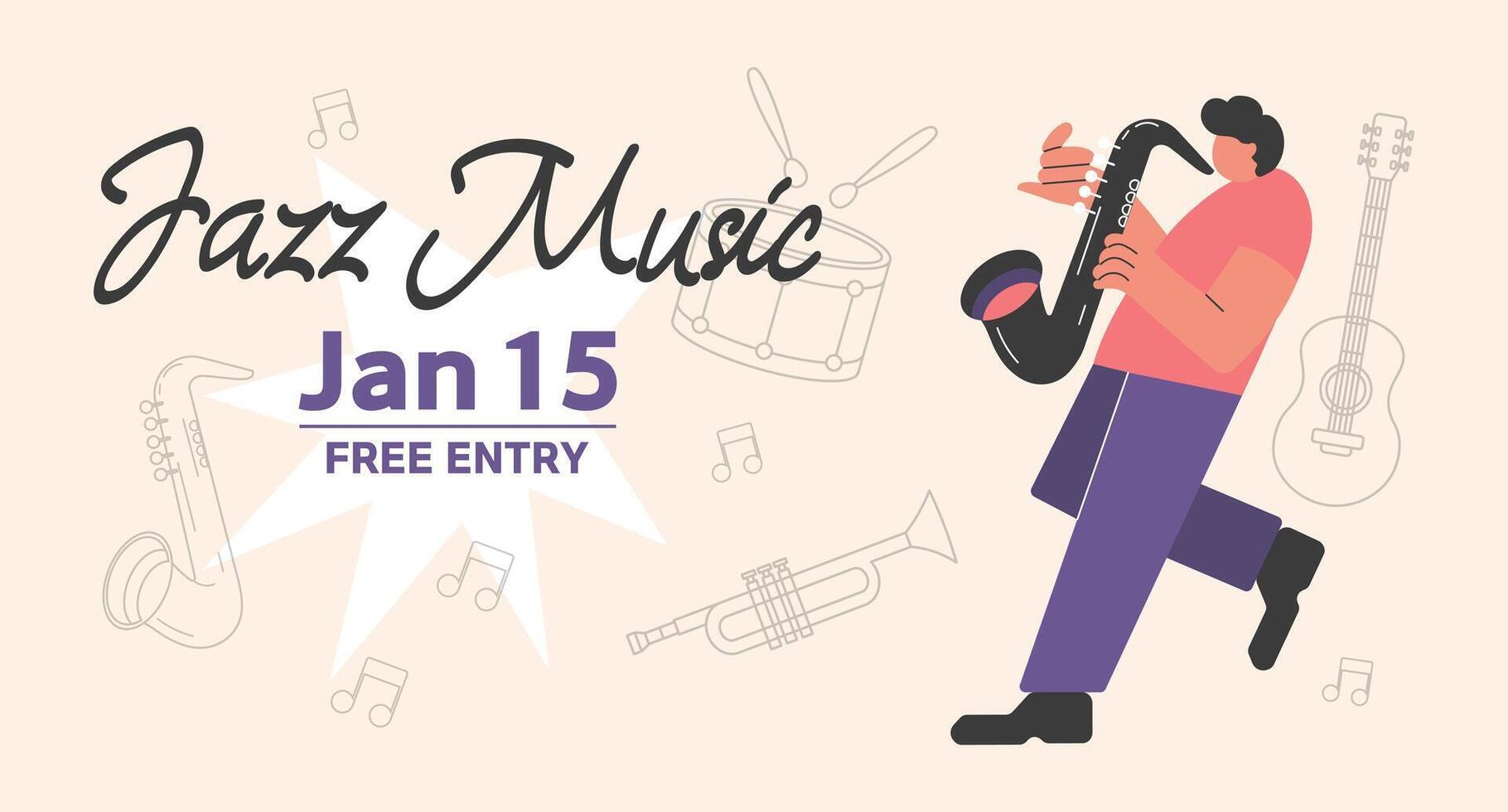 Music festival background. Poster design for jazz concert. Musician and instruments. Template for poster, banner, flyer, invitation, postcard. Illustration vector