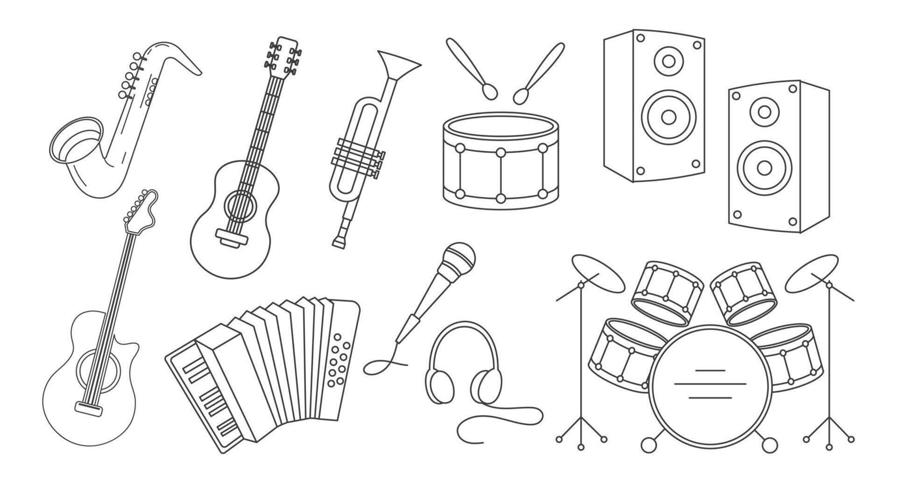 Set of musical instruments, saxophone, drums, guitars, accordion, trumpet, microphone. Illustration, sketch, outline drawing vector
