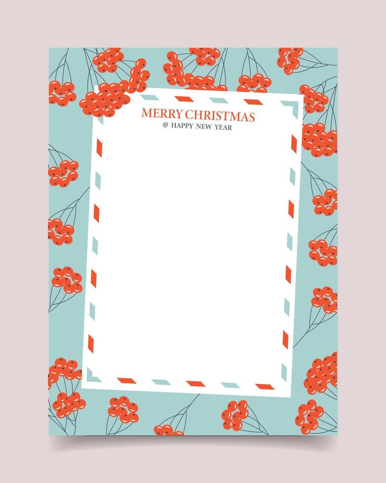 Blank greeting card with Christmas and New Year, decorated with rowan branches. Template. Illustration vector