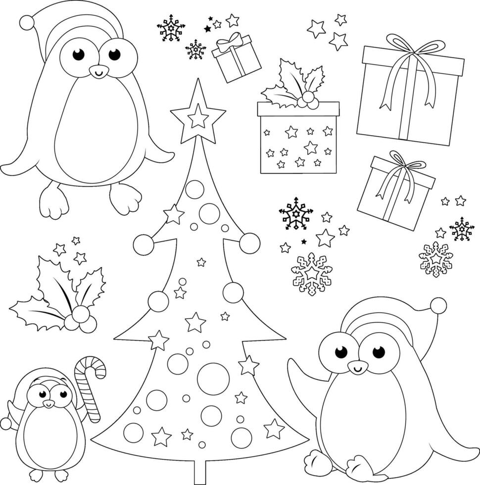 Christmas collection with penguins, Christmas tree and boxes of presents. Xmas penguins with Santa Claus hats and boxes with gifts. Black and white coloring page. vector