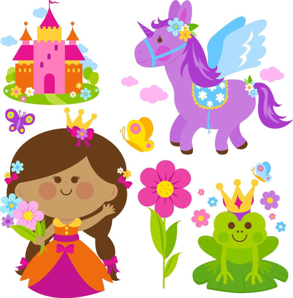 Beautiful princess holding colorful flowers, cute unicorn horse, a magical frog, castle and butterflies. Pretty girl fairy tale set. vector