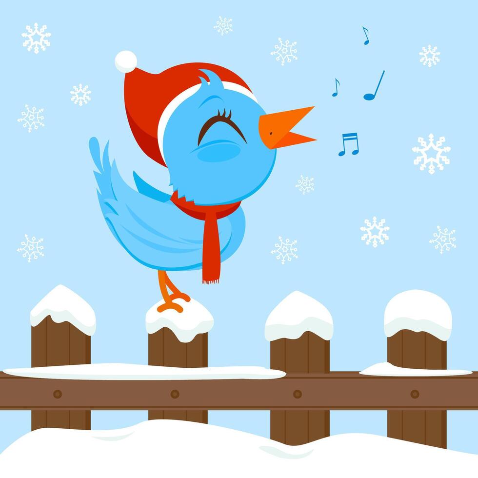 Bird with Christmas Santa Claus hat sitting on a fence and singing in the snow. Cute blue bird in winter snow sing a Christmas song. vector