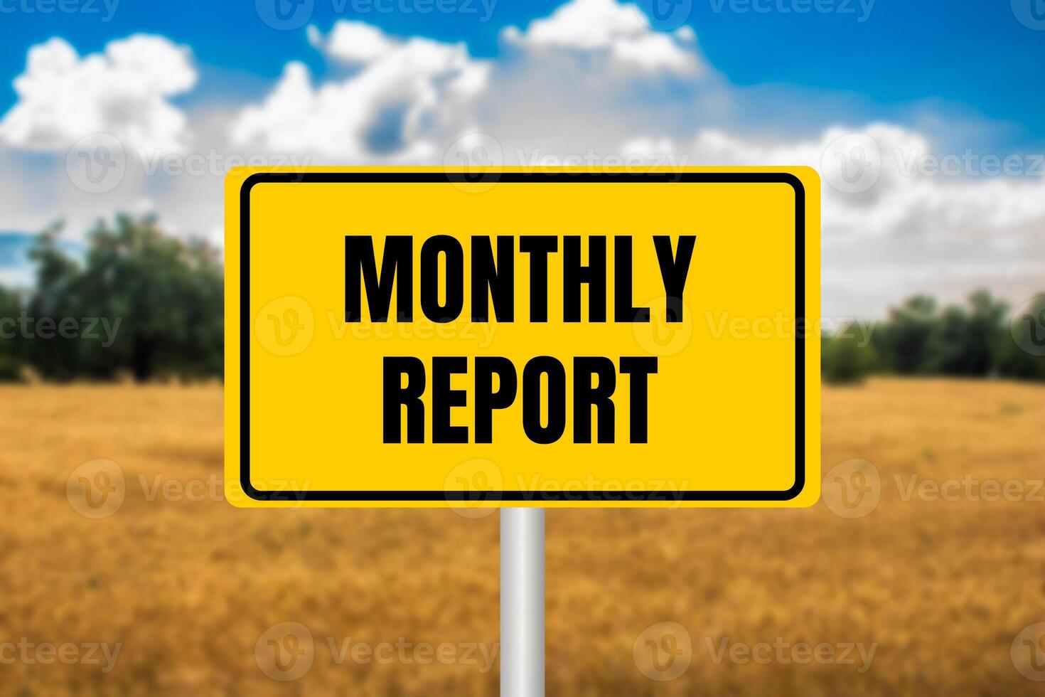 Monthly report message written on yellow metal sign on blurry wheat field background. Conceptual monthly report symbol. Copy space. photo