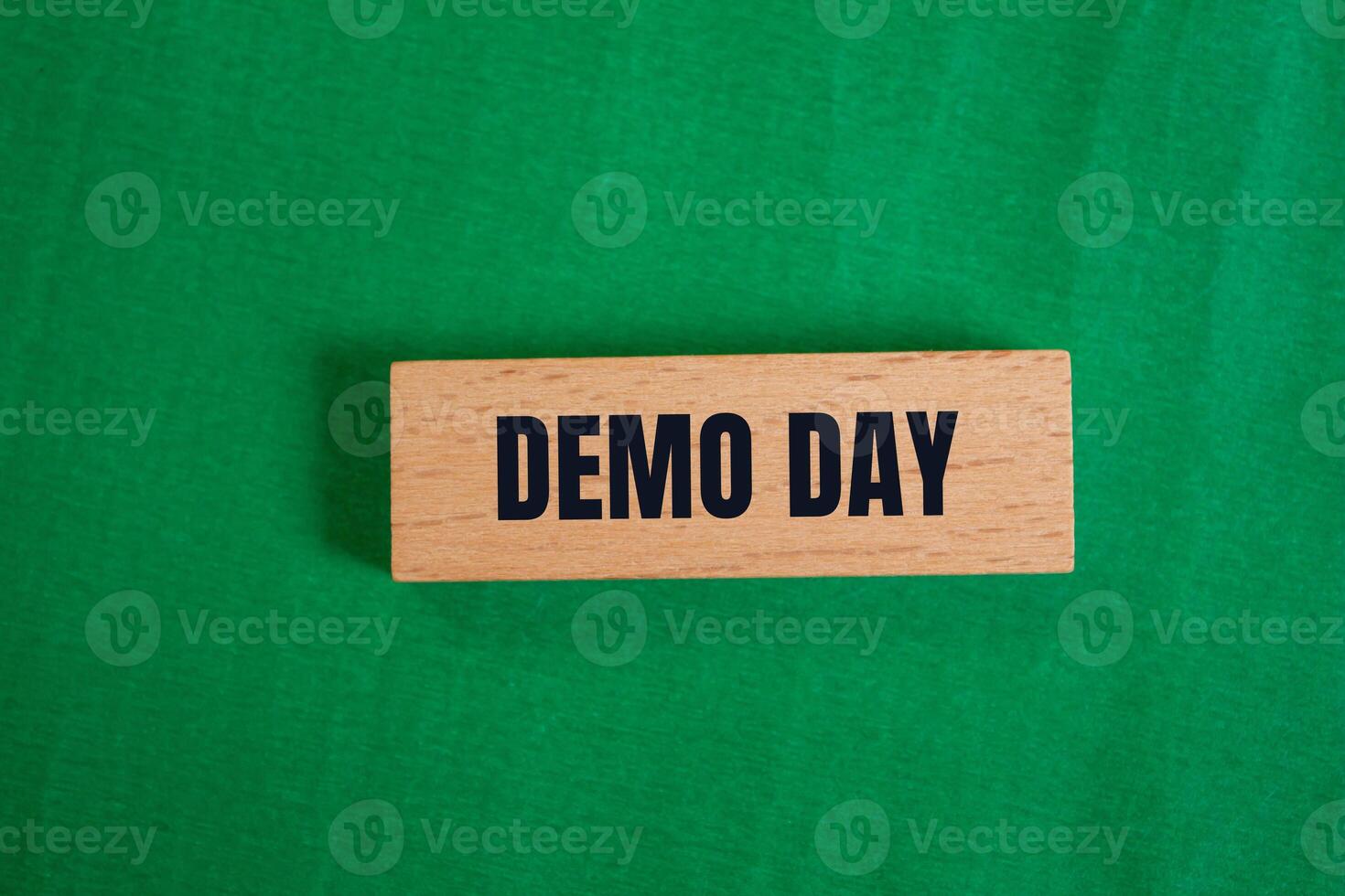 Demo day wooden sign on green background photo
