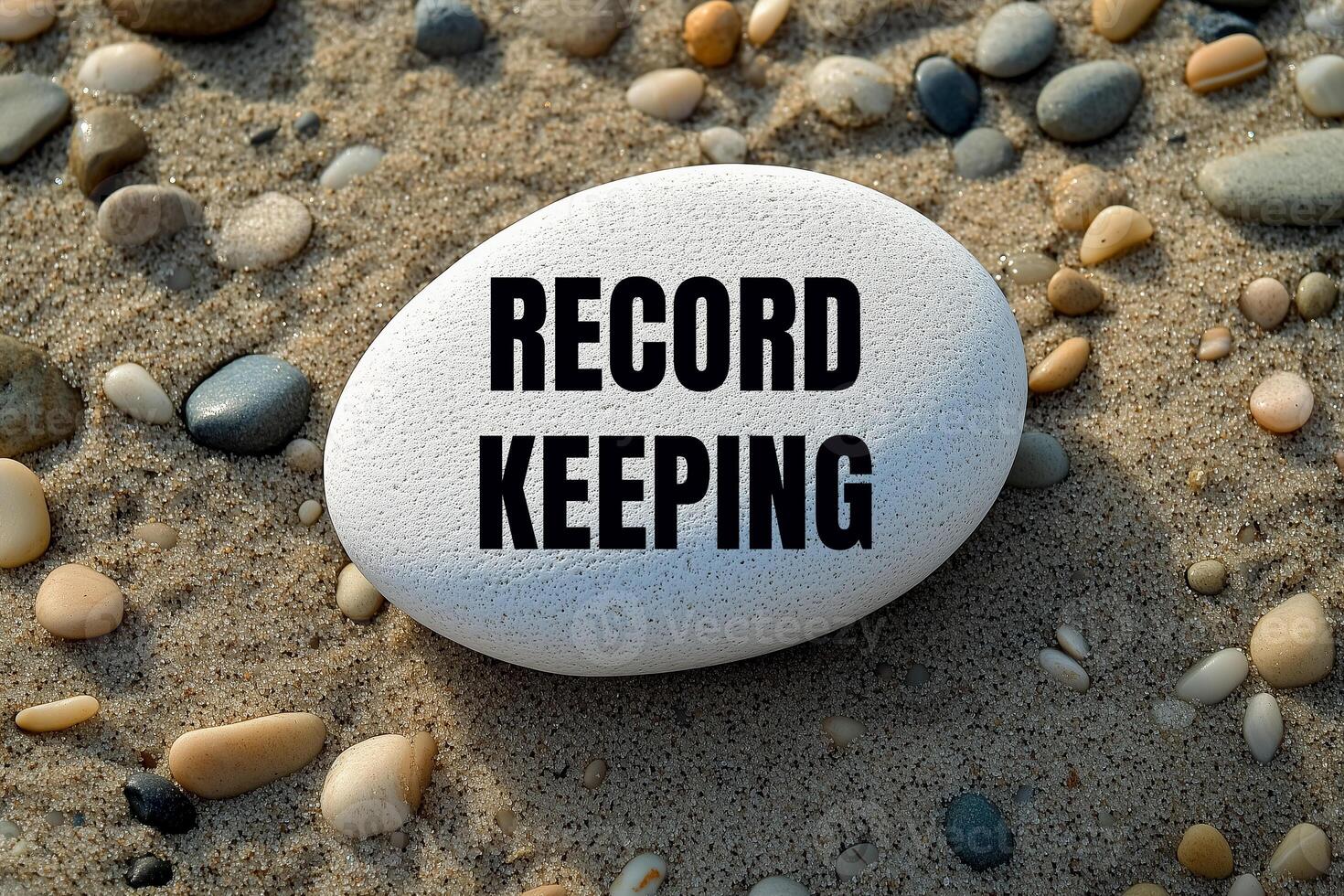 Record keeping message written on white stone on beach sands. Conceptual record keeping symbol. Copy space. photo