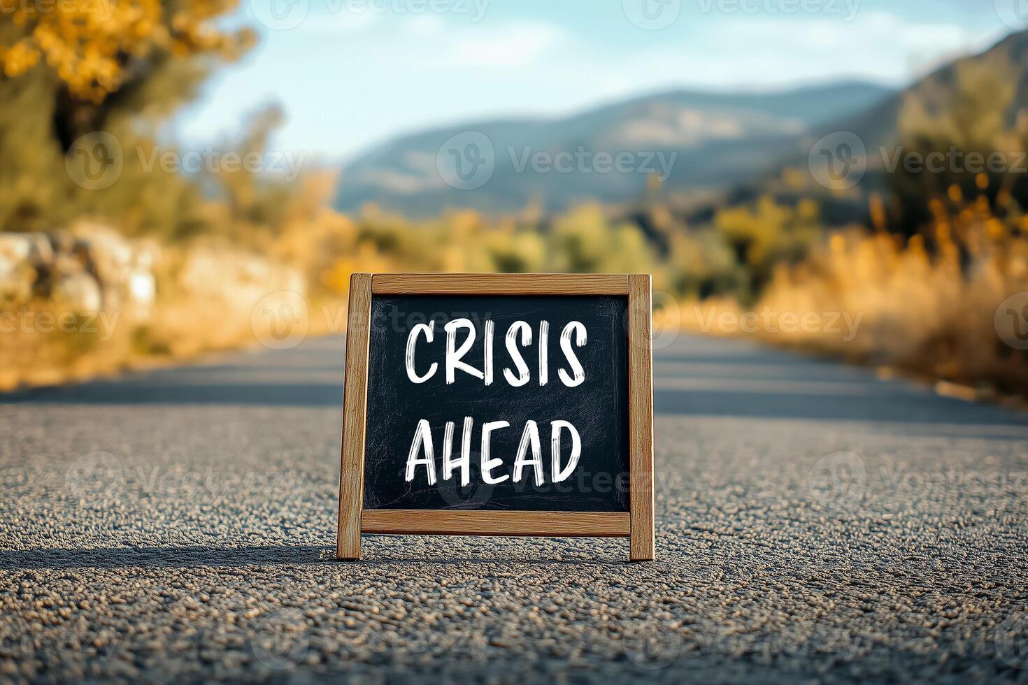 Crisis ahead message written on black board on empty road. Conceptual crisis ahead symbol. Copy space. photo