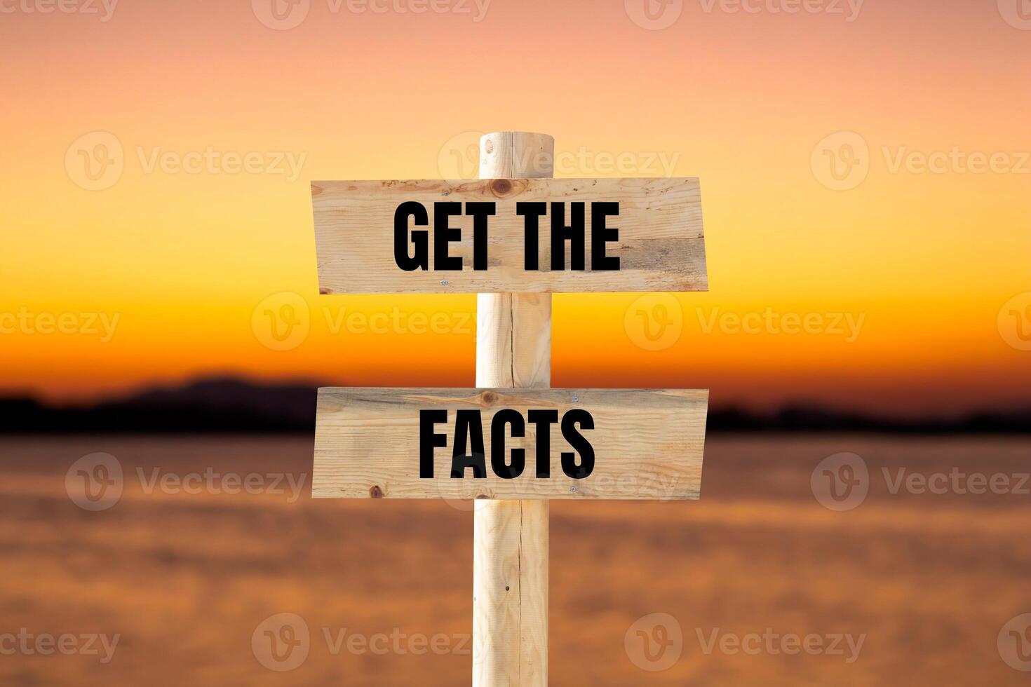 Get the facts message written on wooden sign with blurry lake background. Conceptual get the facts symbol. Copy space. photo