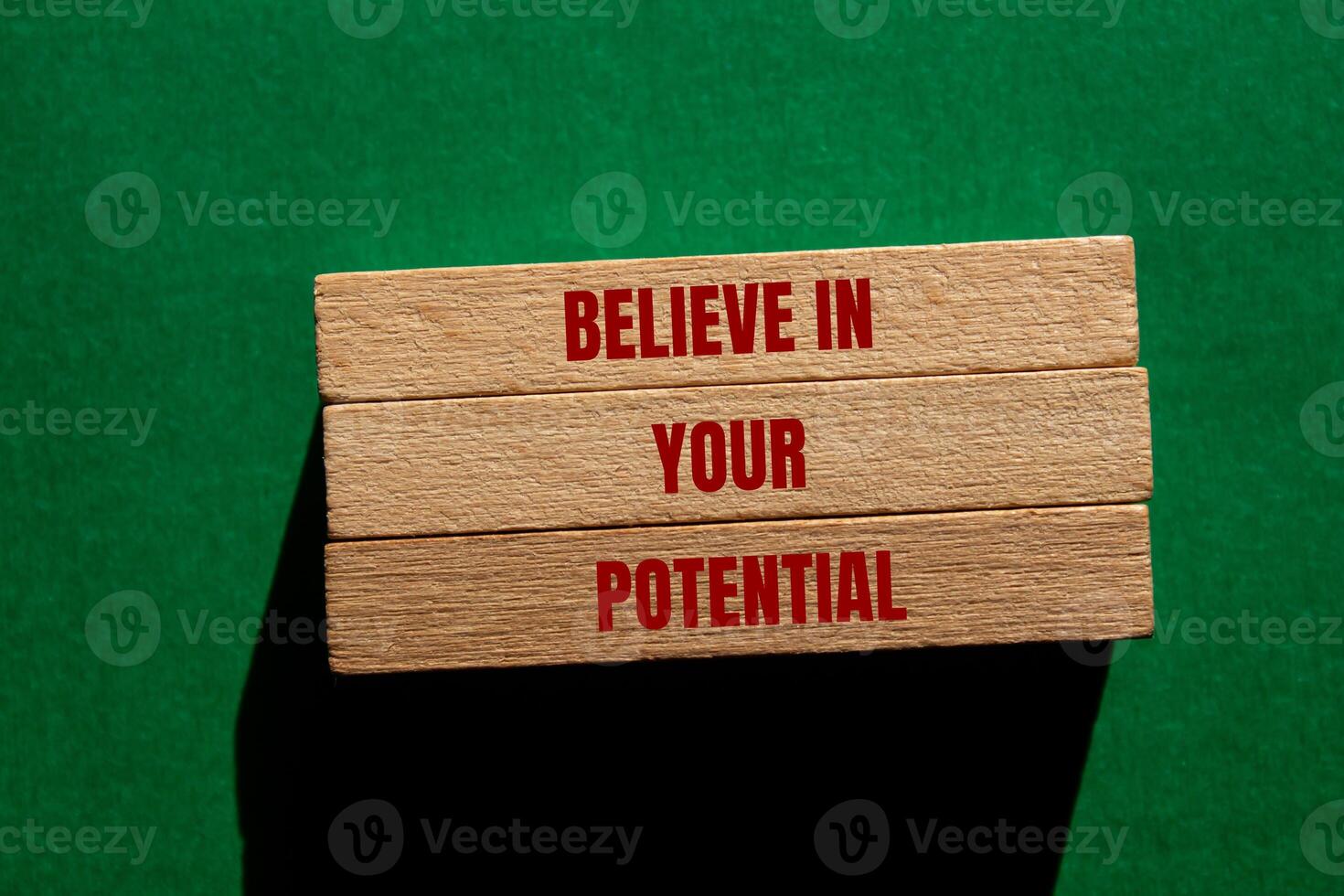 A wooden block with the words believe in your potential photo