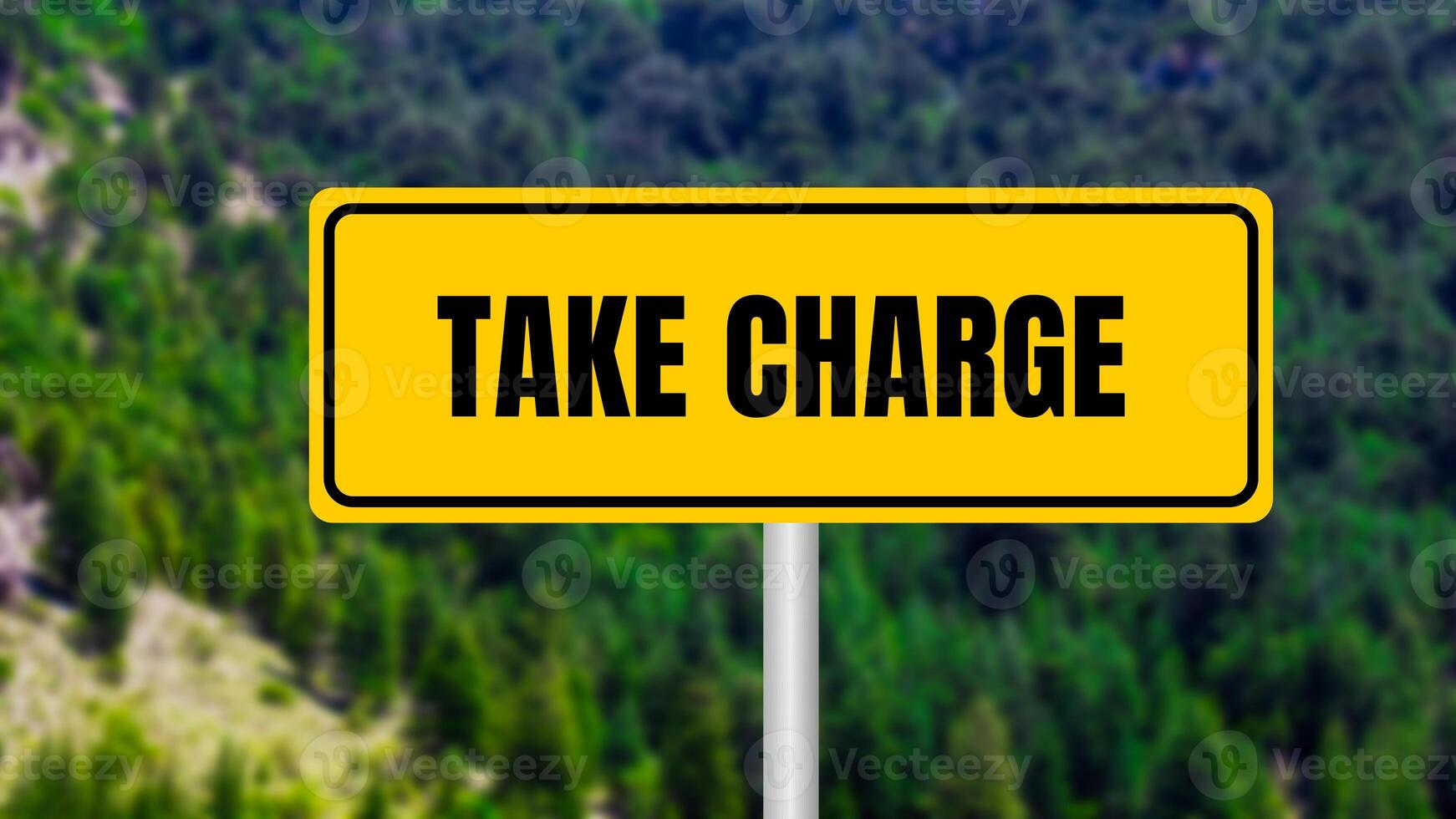 Take charge message written on yellow metal sign on nature background. Conceptual take charge symbol. Copy space. photo
