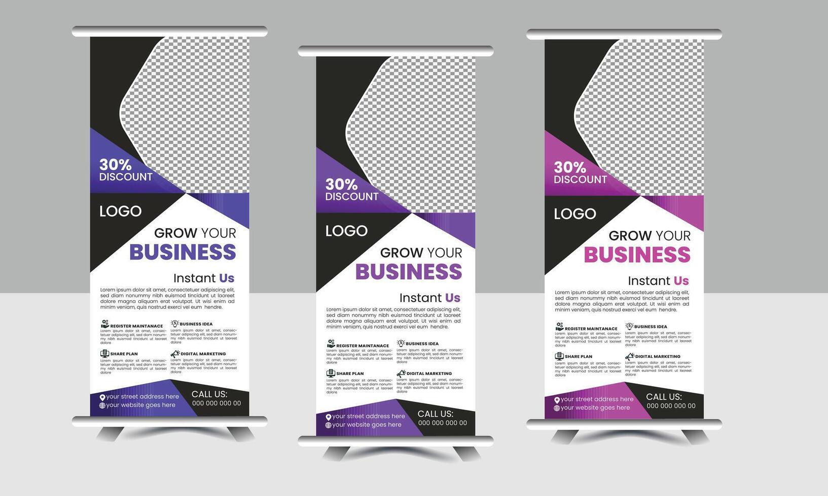 Roll up banner design with hexagon shapes artwork hexagon patterns and image. Editable vertical template set, modern standee and flag banner vector