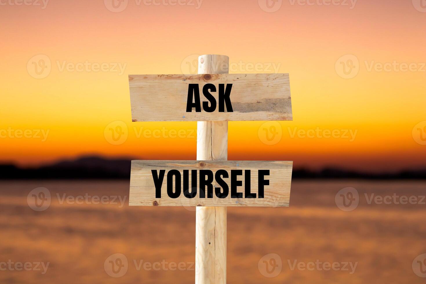 Ask yourself message written on wooden sign with blurry lake background. Conceptual ask yourself symbol. Copy space. photo