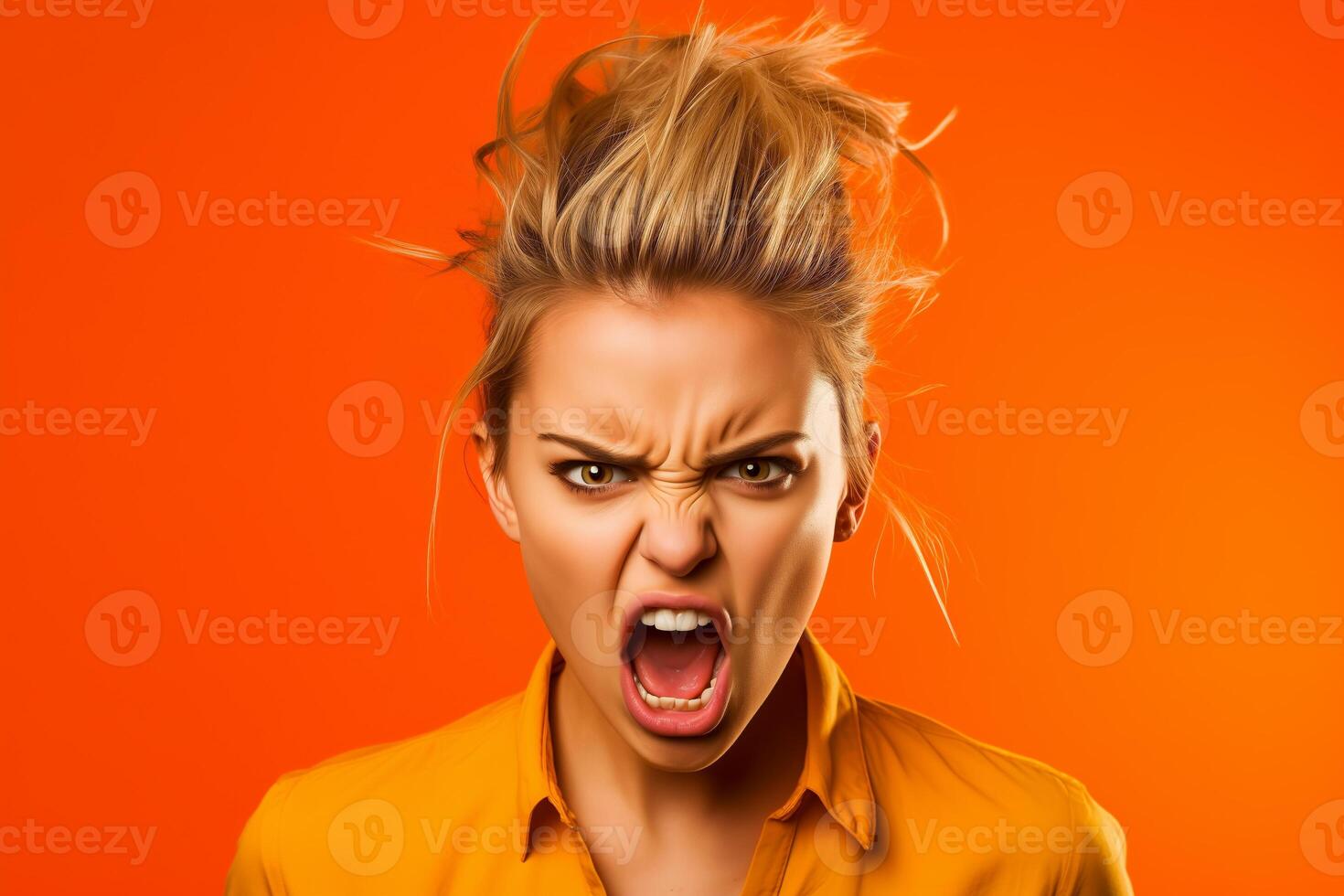 Angry woman screaming on an orange background photo