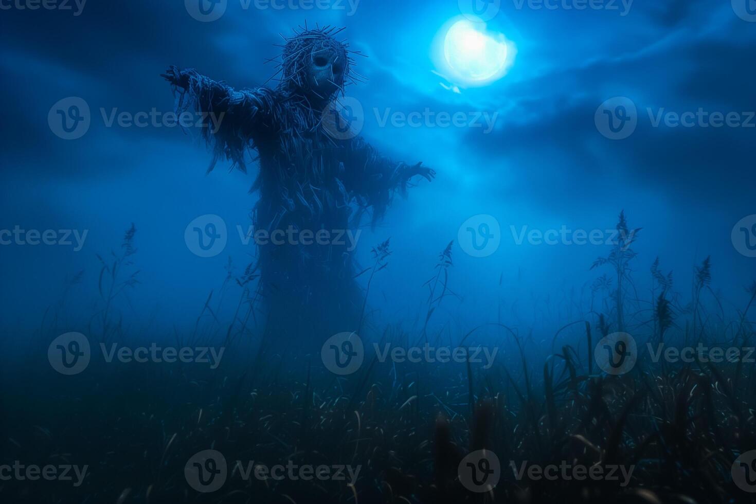 A scary man standing in the grass at night photo