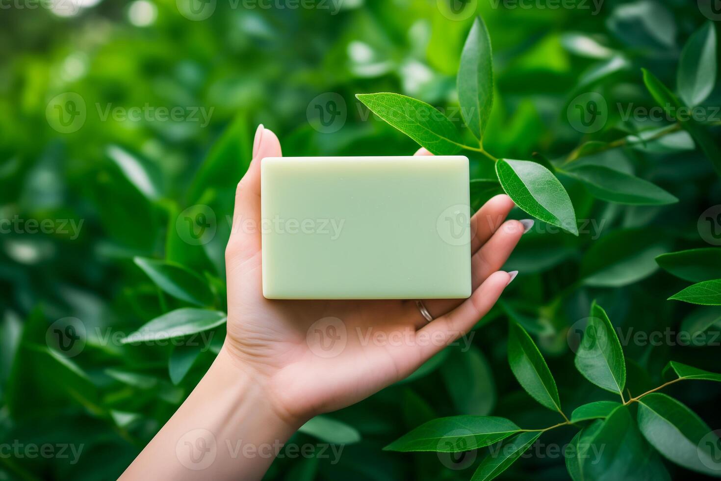 A person holding a soap bar in front of green leaves photo