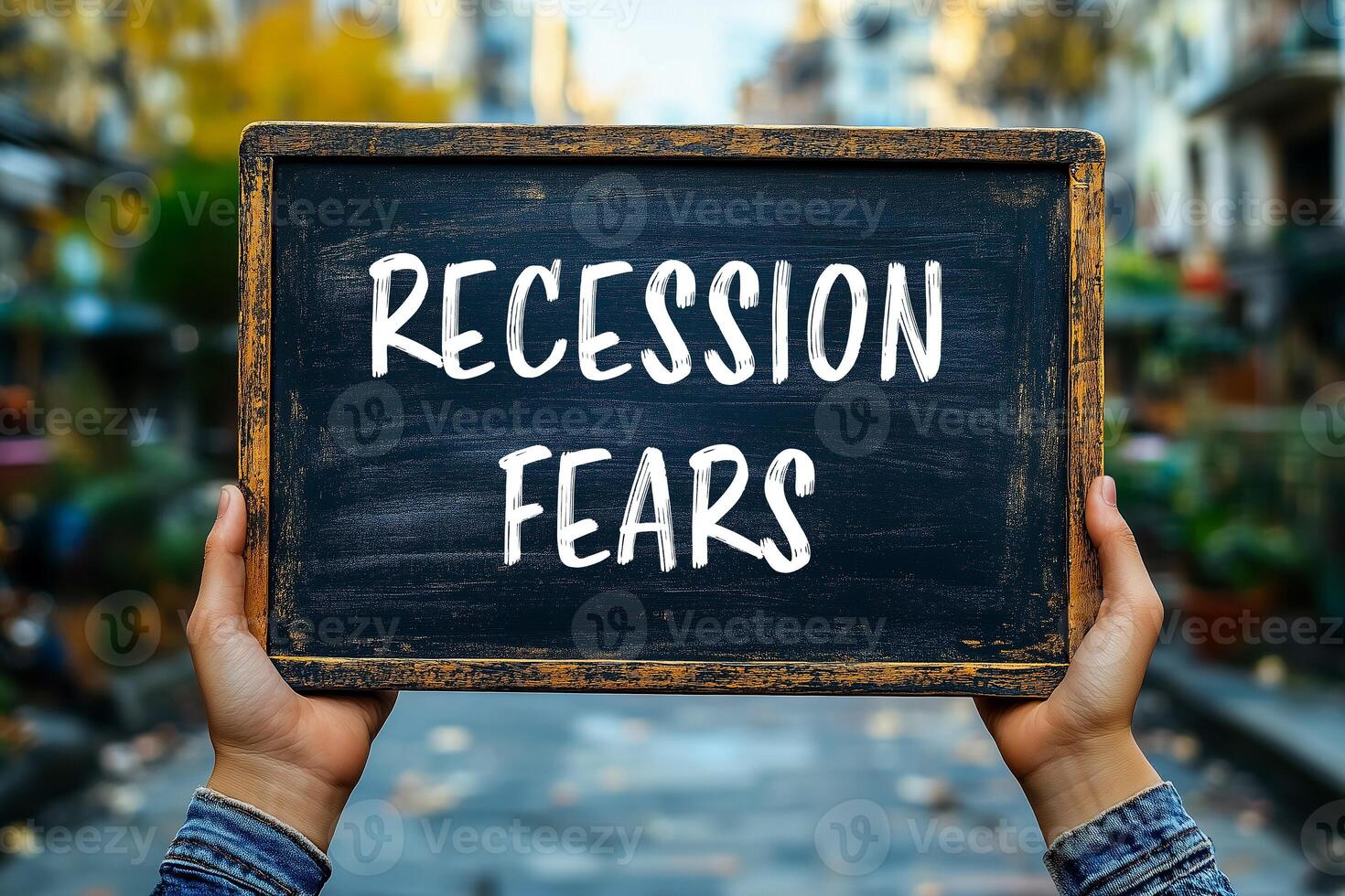 Recession fears message written on black board with street background. Conceptual recession fears symbol. Copy space. photo