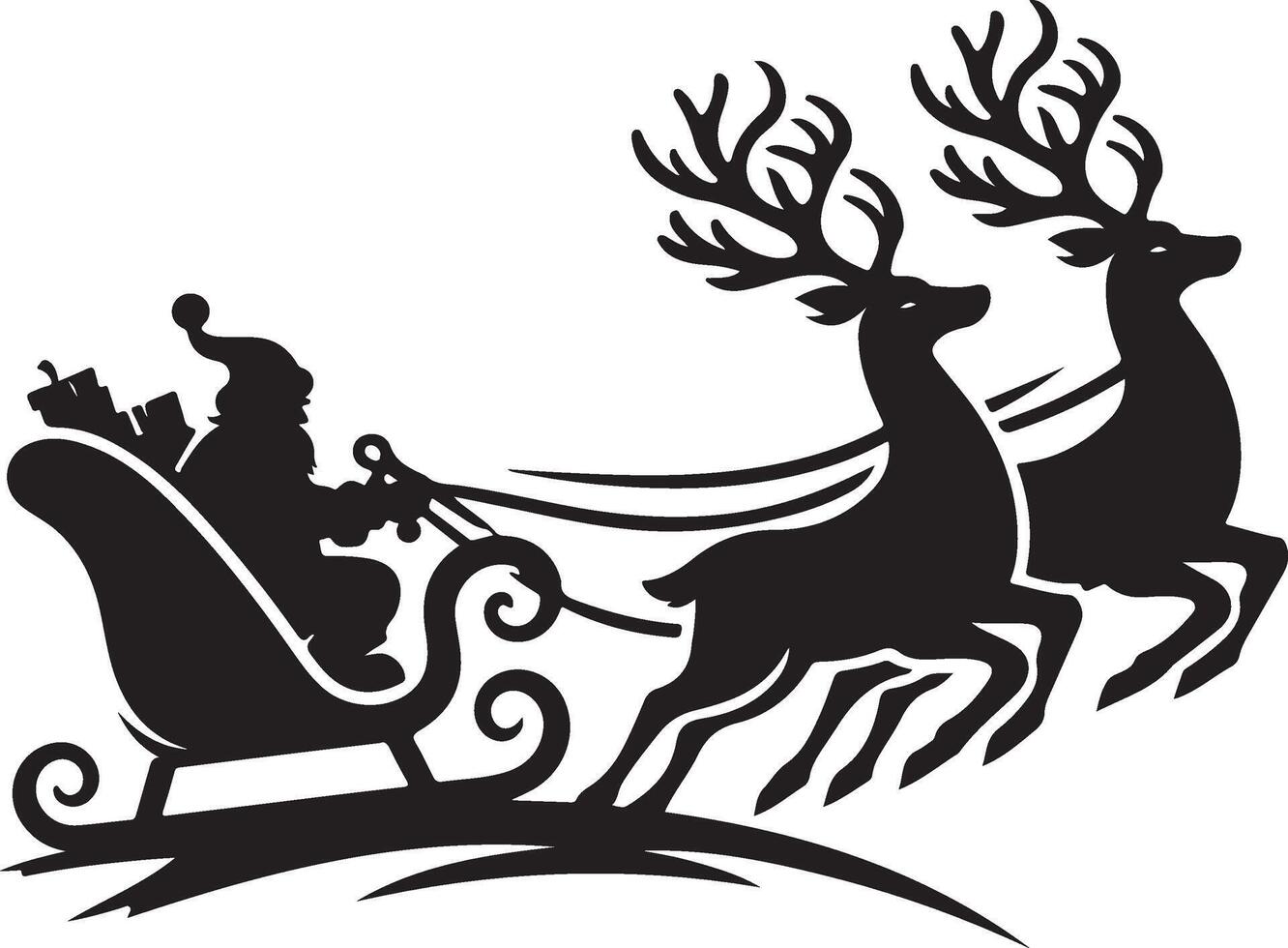 Black Silhouette Santa Sleigh and Reindeer vector