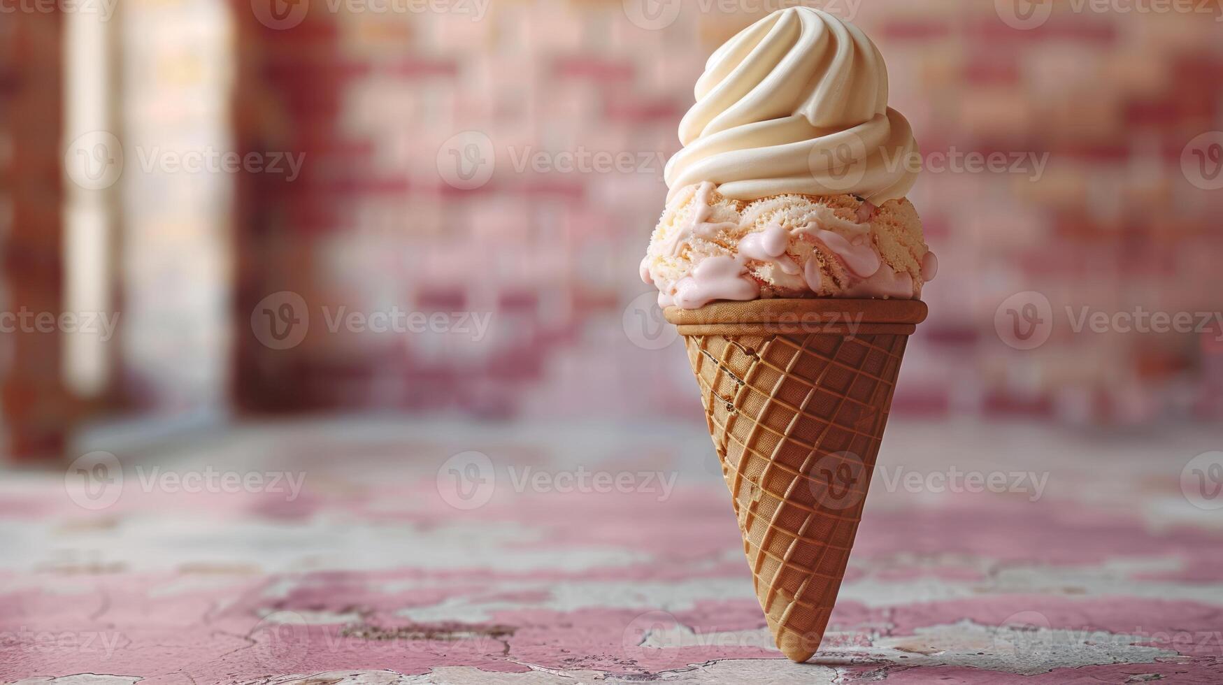 A soft serve ice cream cone with pink and white swirls sits on a painted wooden tabletop photo