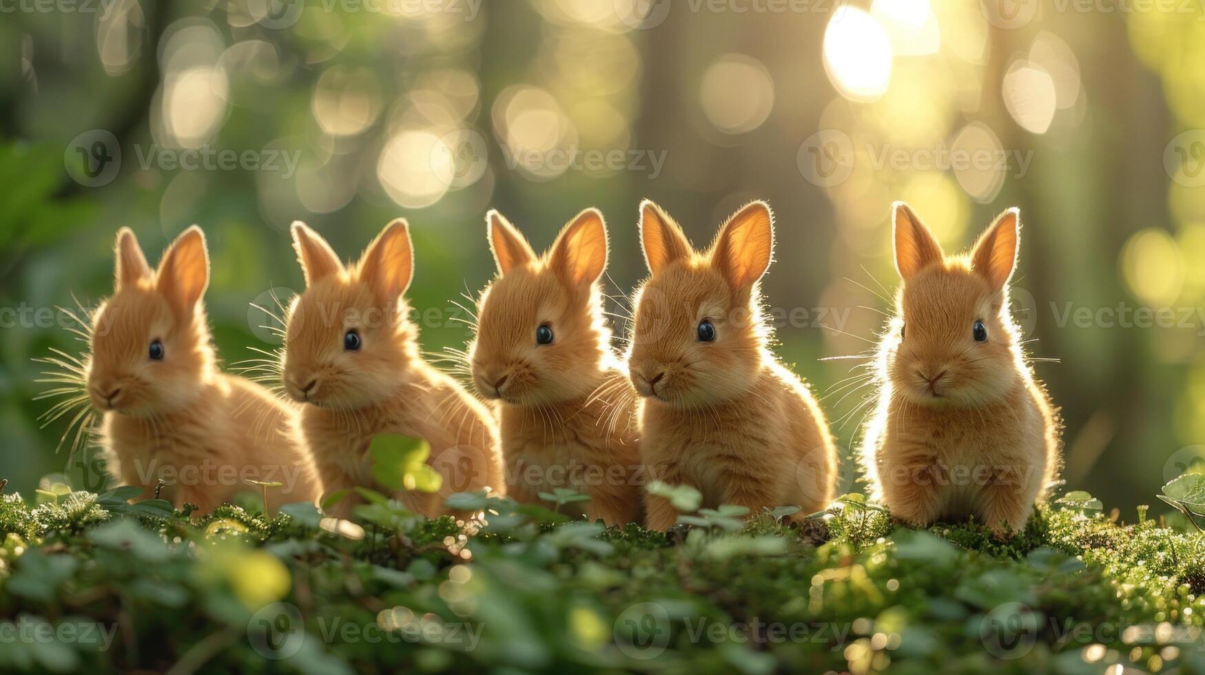 Five fluffy bunnies stand in a row, basking in the warm sunlight of a forest clearing photo
