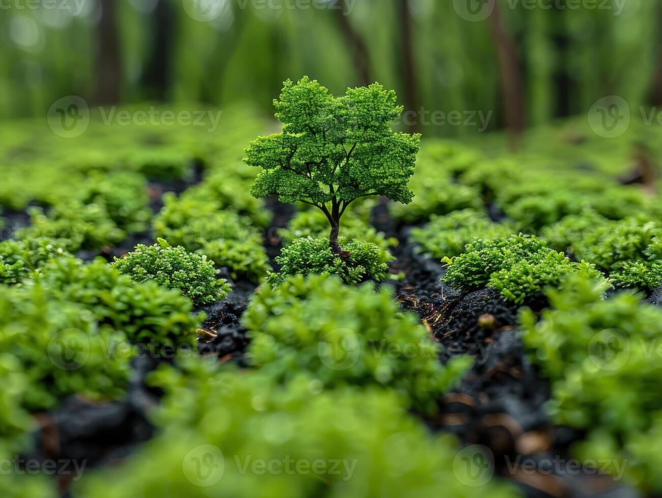 A small tree stands tall in a dense forest of lush greenery photo