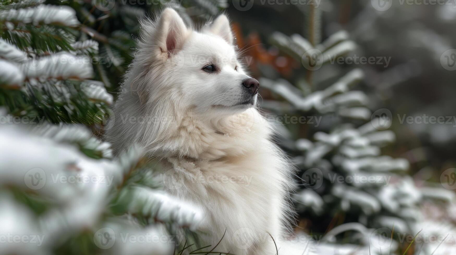 A white dog stands in a snowy forest, looking out at the scenery photo