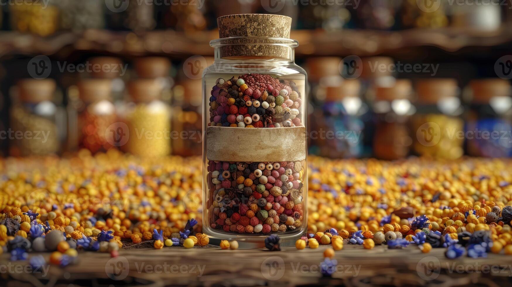 A glass jar filled with assorted peppercorns sits on a shelf with other jars of spices photo