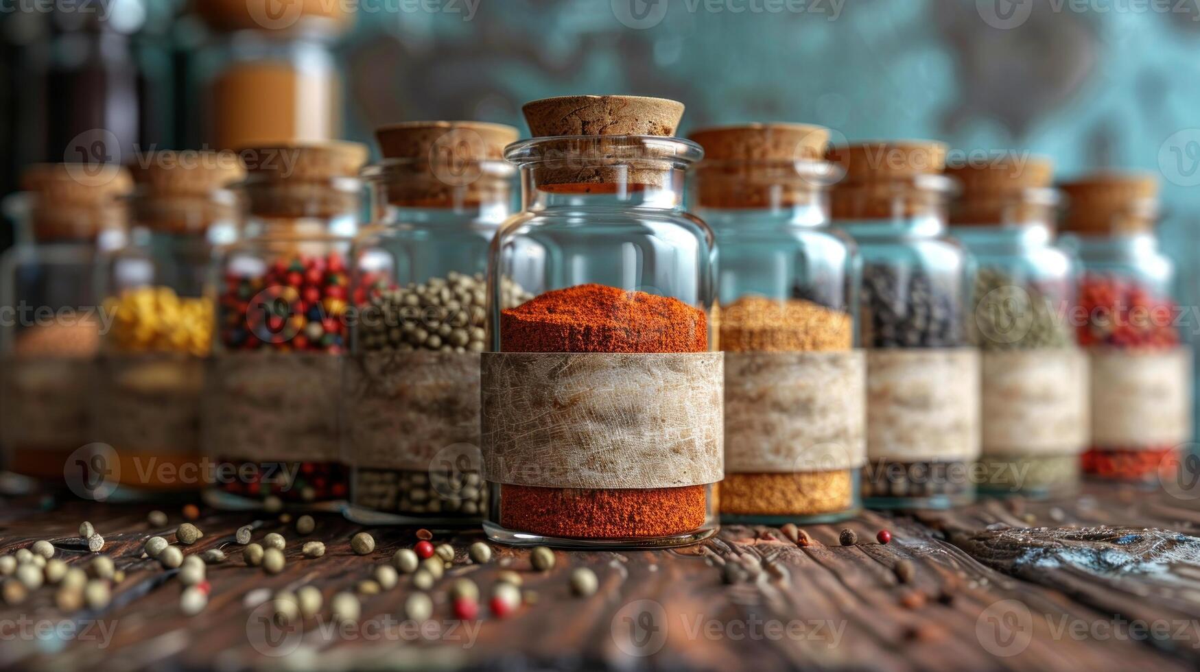 A row of glass spice jars with cork tops, filled with colorful spices photo