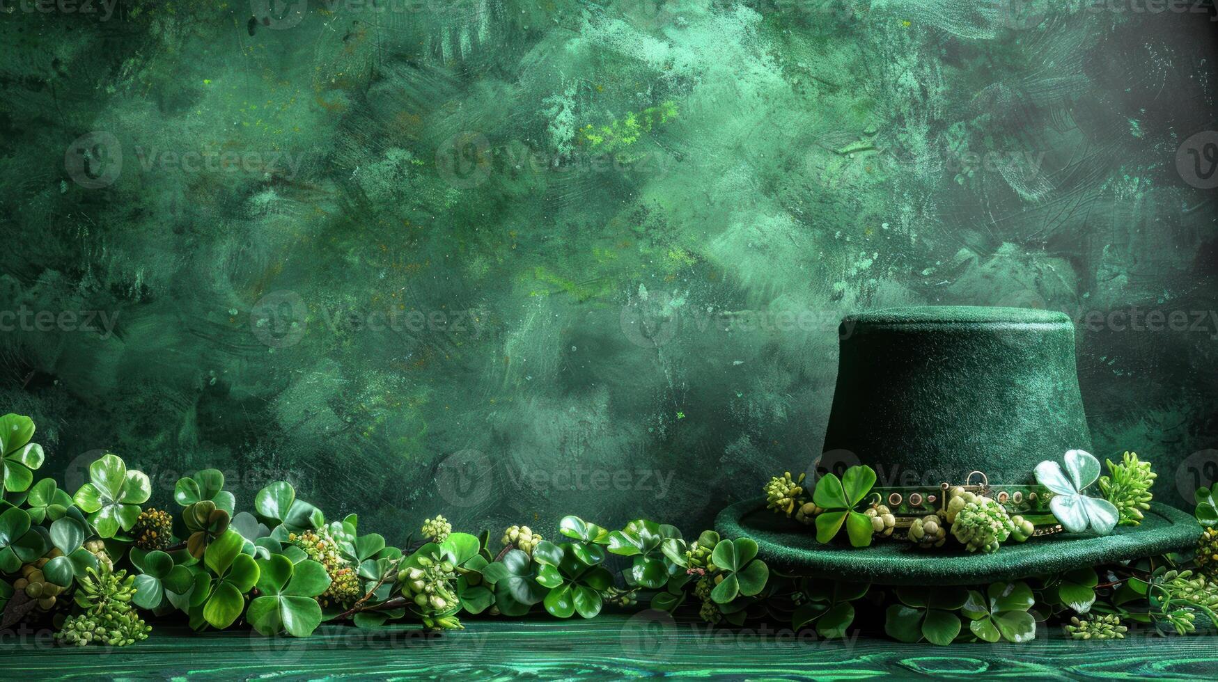 A green leprechaun hat sits on a table with shamrock leaves photo