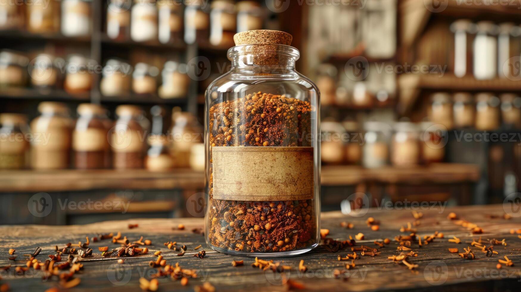 A glass jar of spices sits on a wooden counter in a dimly lit apothecary shop photo