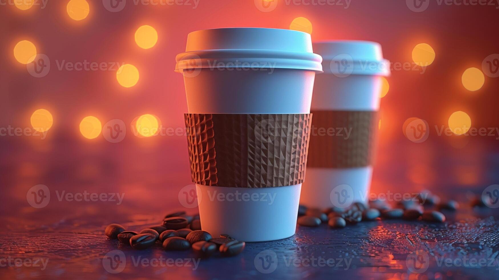 Two coffee cups on a table with bokeh lights photo