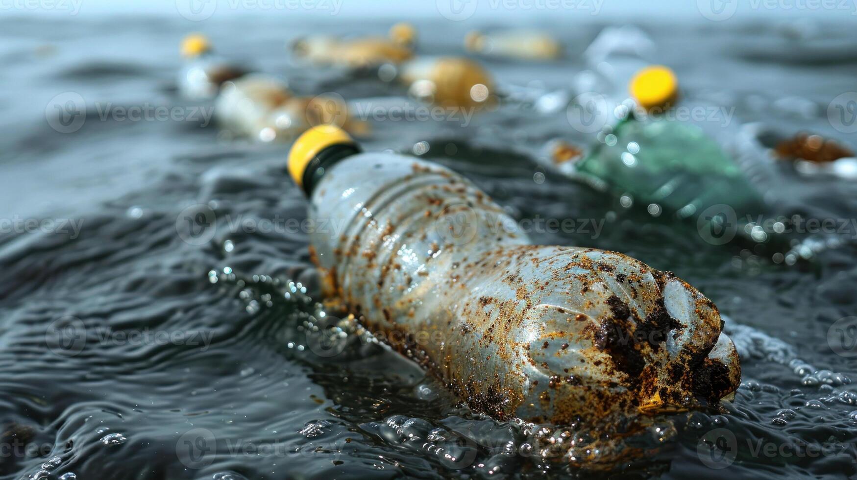 A plastic bottle, weathered and worn, floats amidst the waves photo