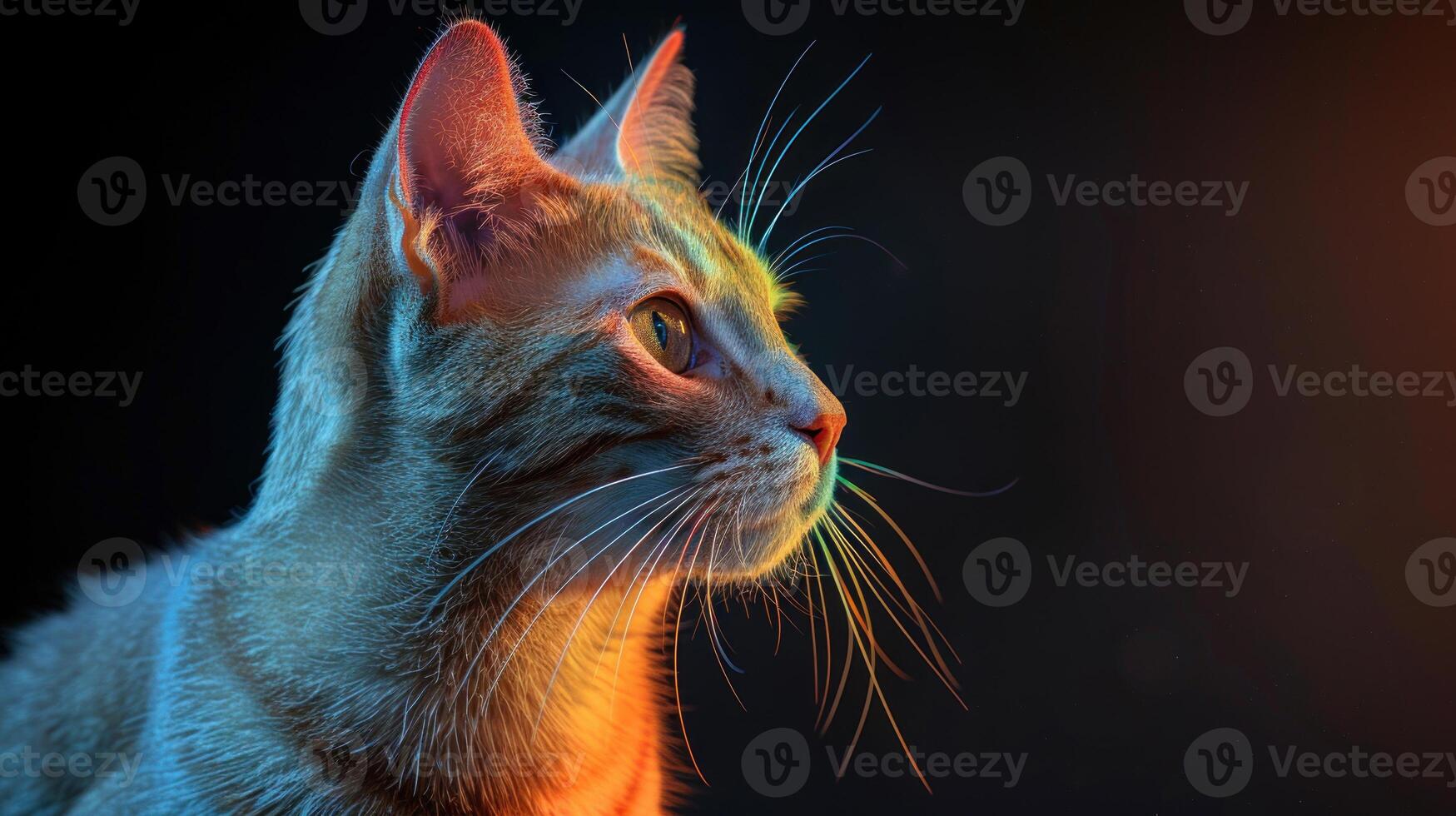 A cat with green eyes in colorful light gazes into distance photo