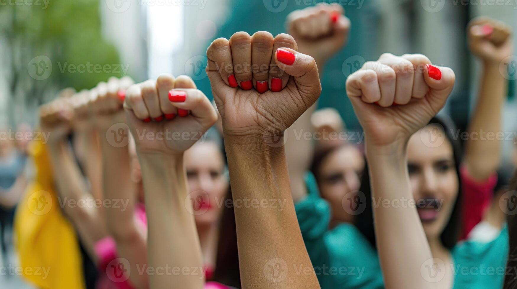 Women raise fists in a powerful display of unity photo
