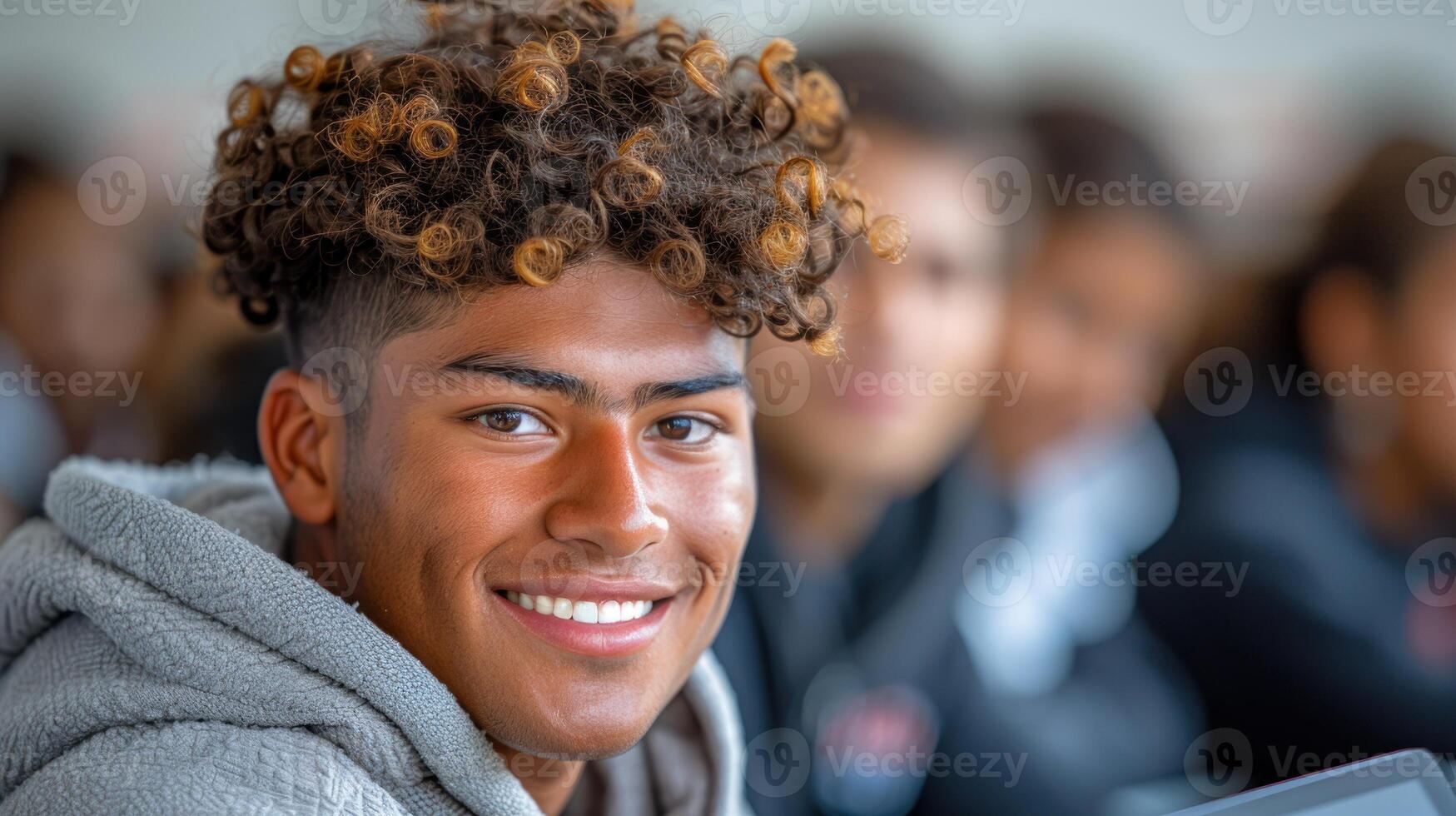A young man with curly hair smiles brightly while sitting in a room full of people photo