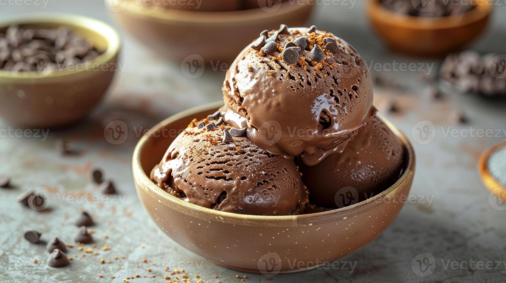 Three scoops of chocolate ice cream with chocolate chips, served in a brown bowl photo