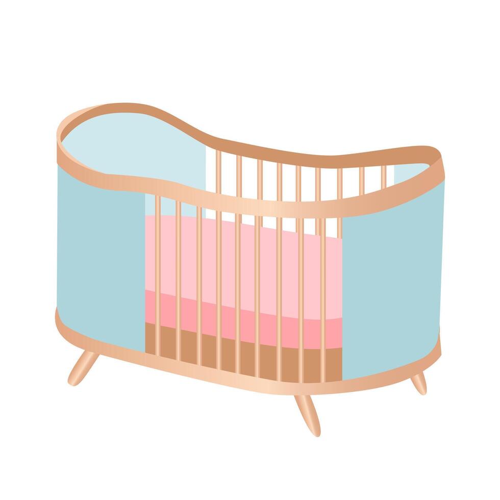 Cute baby cot in flat design. Child crib with pink mattress and blue textile. illustration isolated. vector