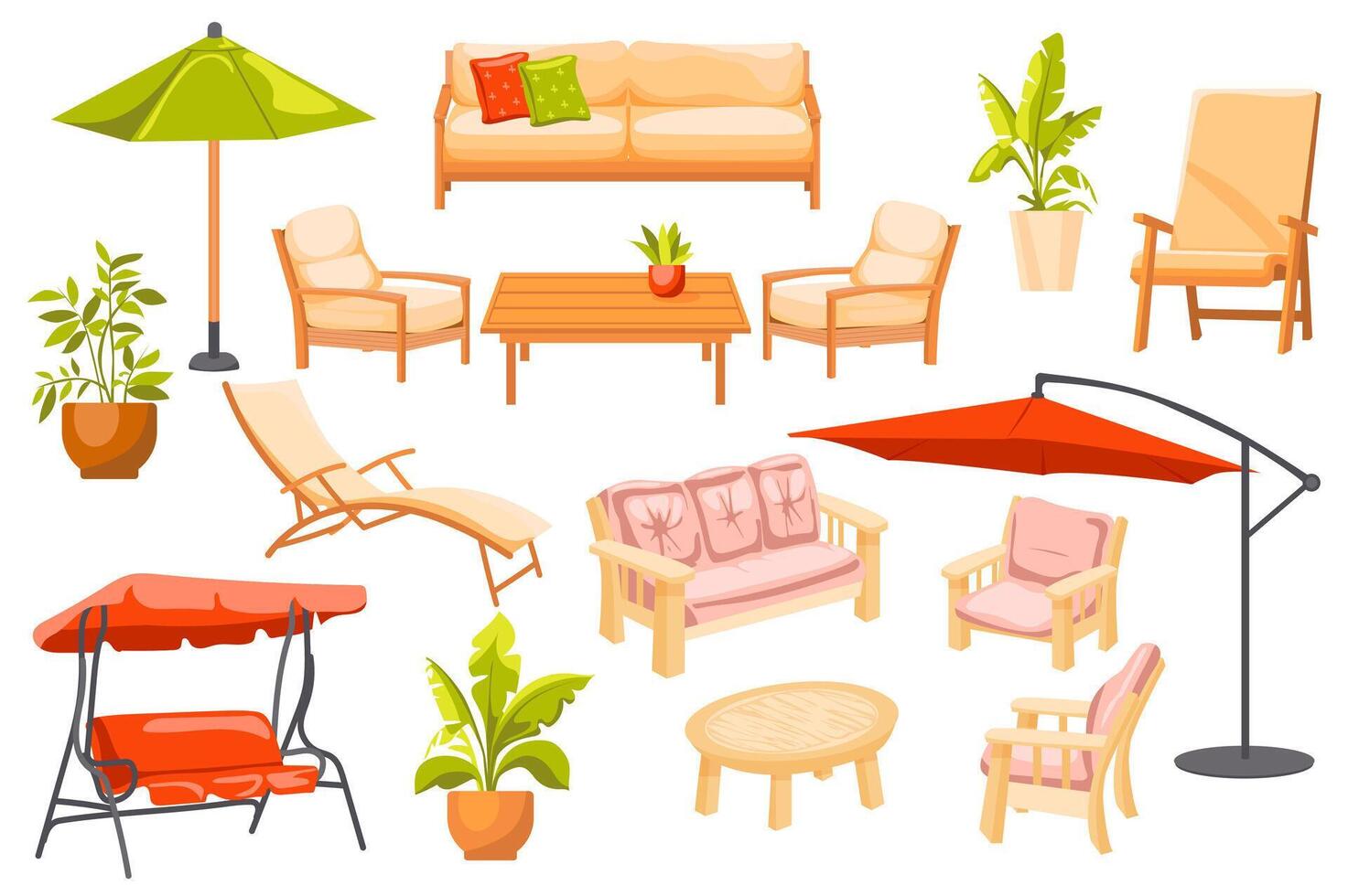 Outdoor furniture set elements in flat graphic design. Bundle objects of backyard wooden sofas with pillows, umbrella, armchairs and table, plants in pots, swing canopy and other. illustration. vector